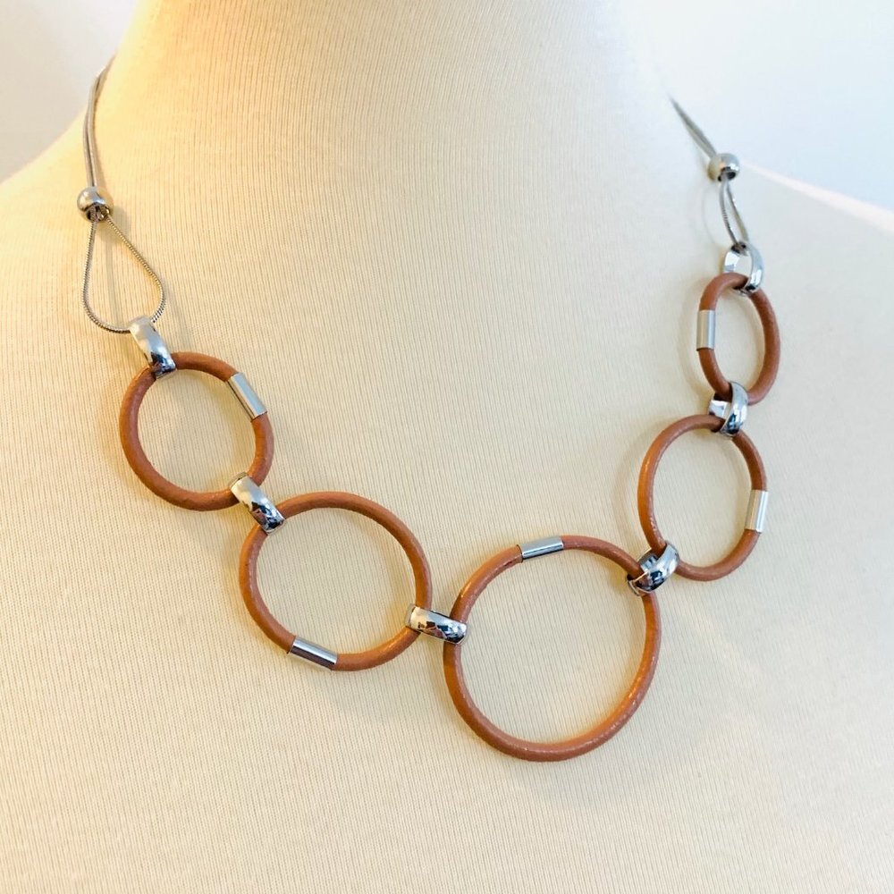 Tan Leather + Silver Link Adjustable Necklace - Picture 6 of 7